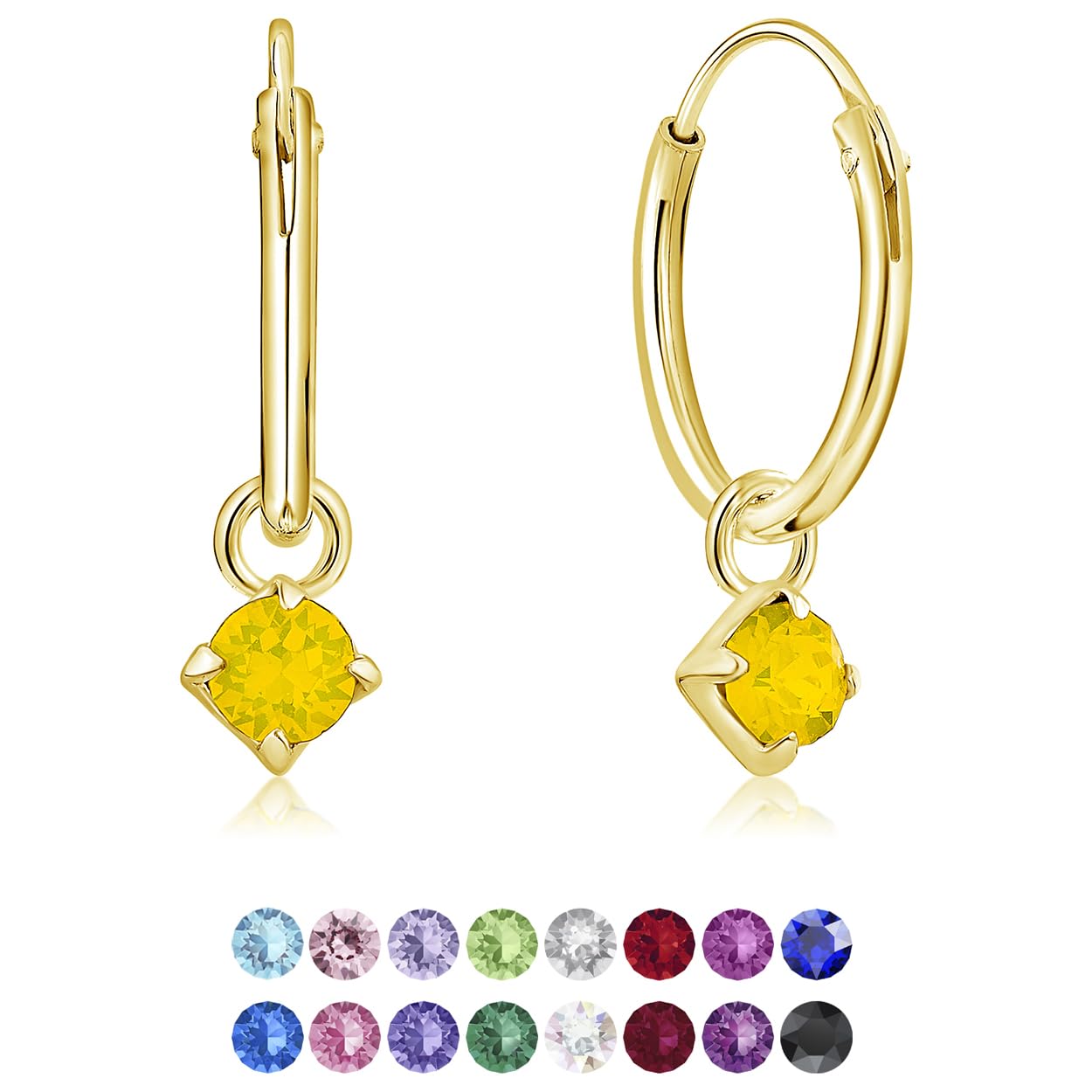 DTPsilver® 925 Sterling Silver Yellow Gold Plated SMALL Hoops Earrings & Round Dangling 3 mm Crystals from Swarovski® Elements - Thickness 1.2 mm - Diameter: 12 mm - Colour : Yellow Opal