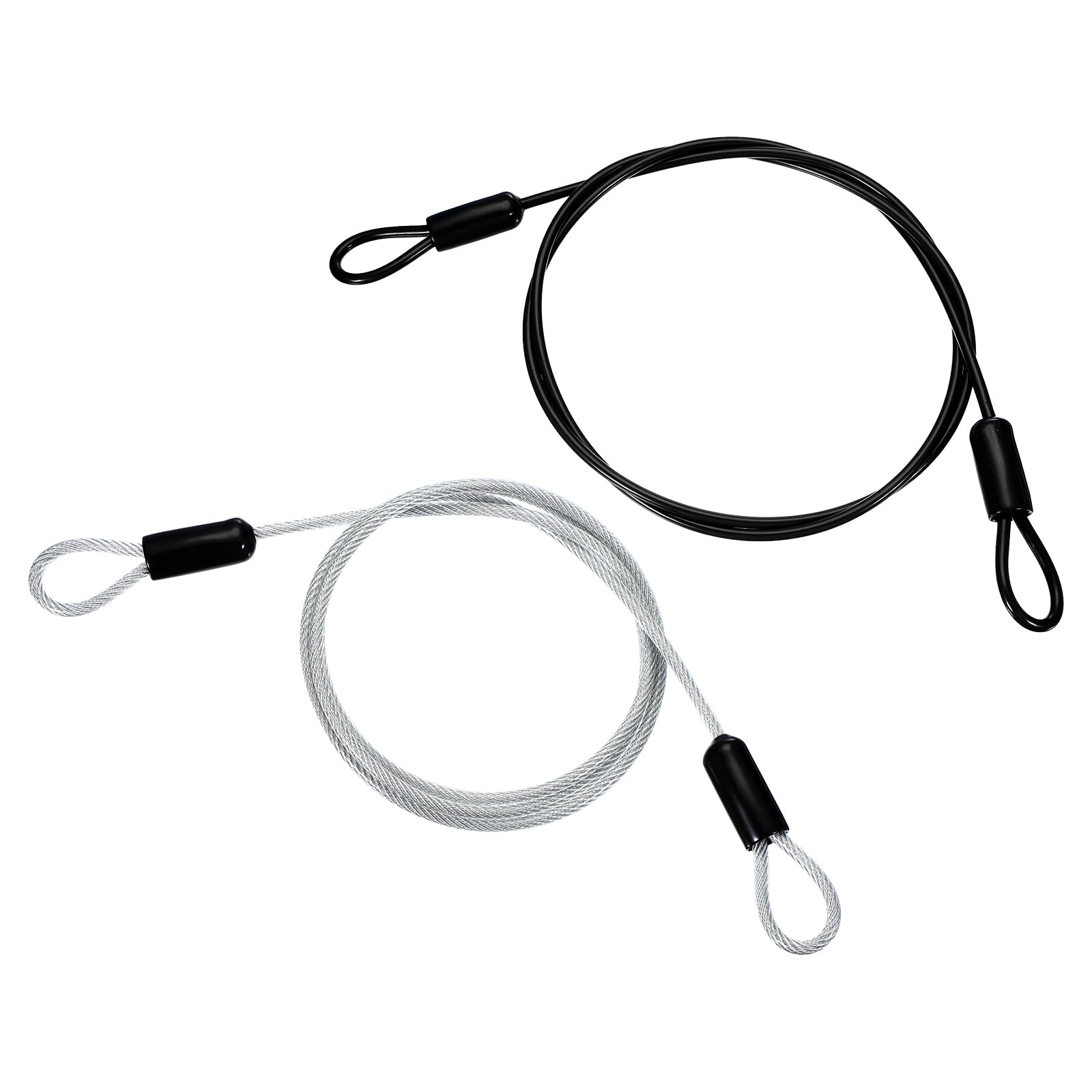 PATIKIL 2 Pcs 5/32" Dia Vinyl Coated Stainless Steel Cable with Loops, 5ft (60") Flexible Wire Rope Security Chain Lanyard Lock for Outdoor Stage Lighting Luggage Lock, Black/Transparent