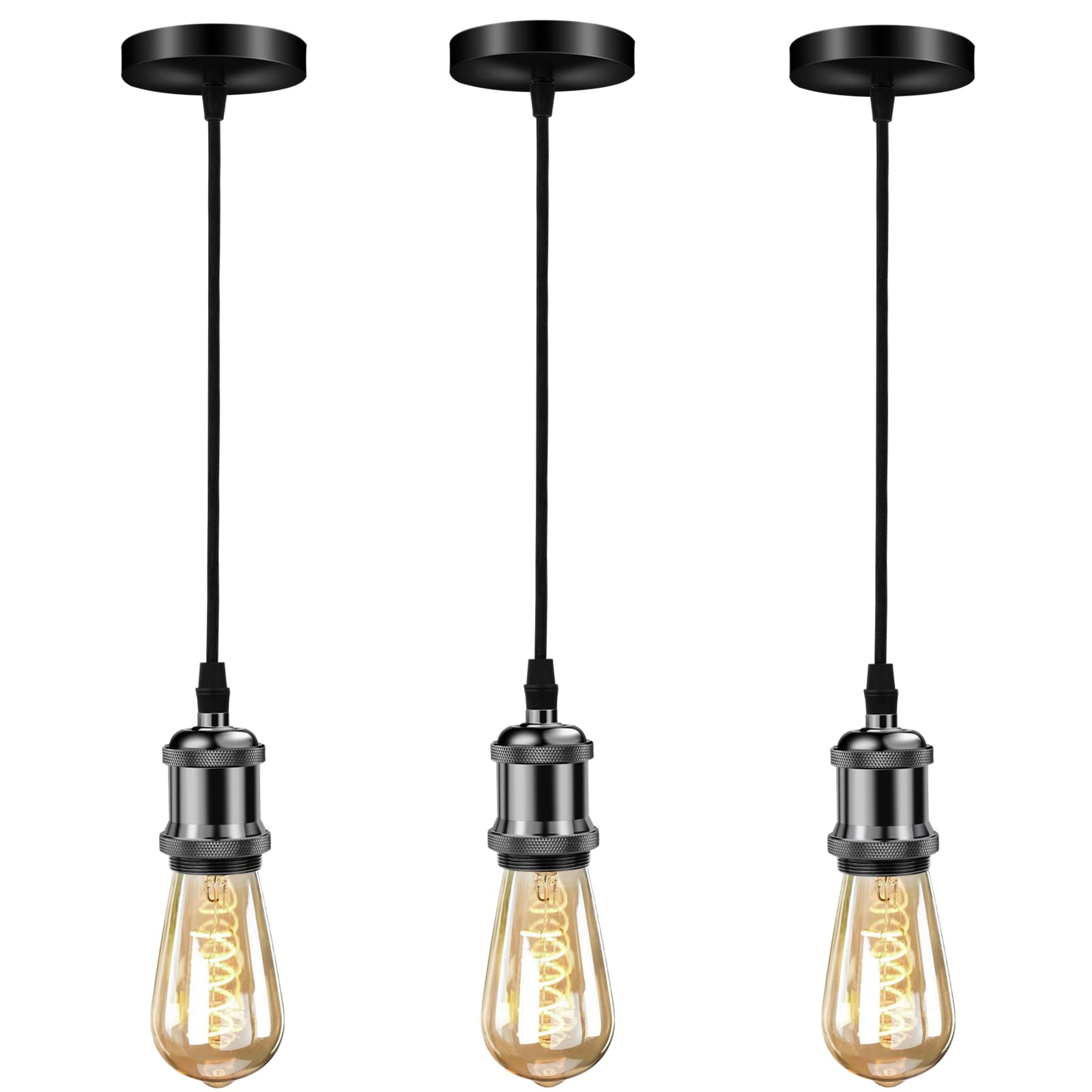 Biqing 3PCS Vintage Pendant Lighting Ceiling Rose Lamp Fitting E27 Socket with Flex Cable for Dinning Room Hall Bedroom,Brushed Nickel, Pearl Black