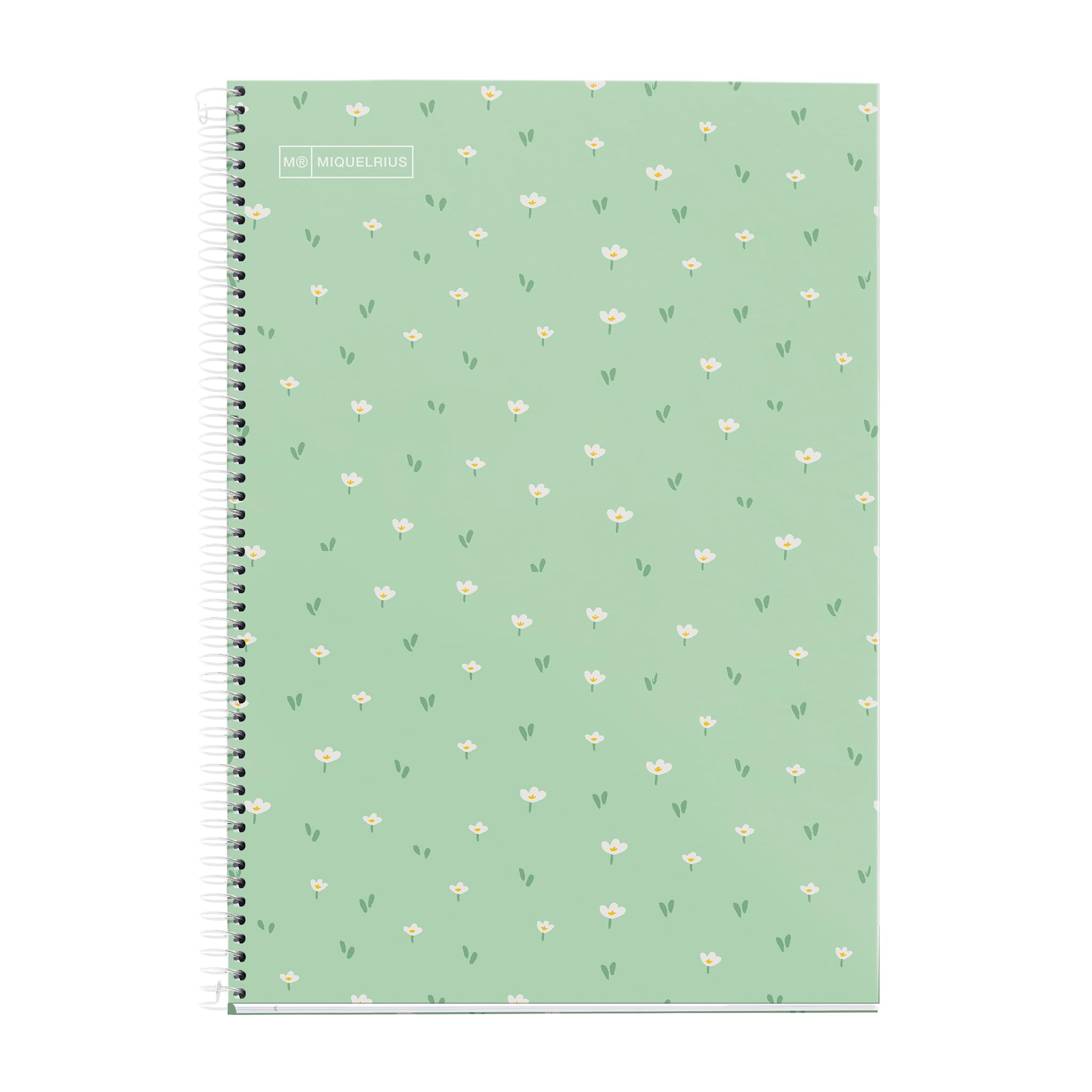 Miquelrius - School Notebook 4x4mm, Folio Size (215 x 309 mm), 80 Sheets of 90 g/m², 4x4 mm Grid with Margin, Spiral Binding, Hard Cover, Green Flowers Design