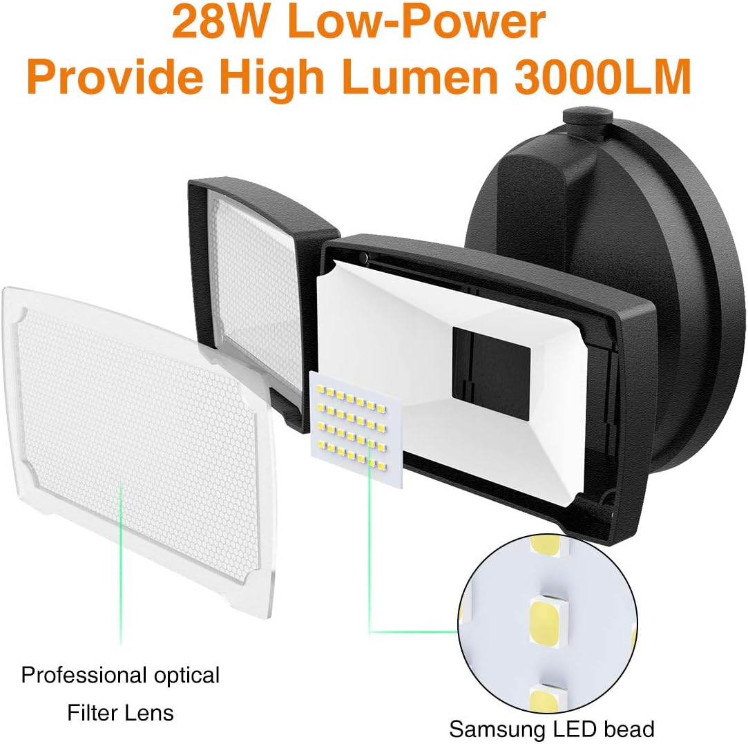 LEPOWER 3000LM LED Flood Light Outdoor, Switch Controlled LED Security Light, 28W Superior Brightness Exterior Lights with 2 Adjustable Heads, 5500K, IP65 Waterproof for Garage, Yard, Patio - - 