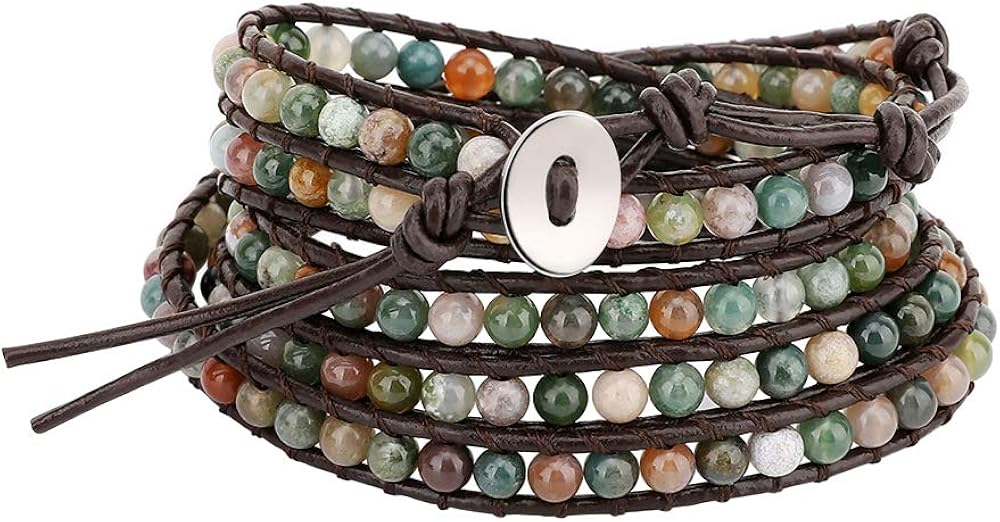 Emibele Leather Bracelet, Agate Bead Wrap Bracelet Handmade Jewelry Wrist Accessory for Women Lady Adult - Green: Jewelry