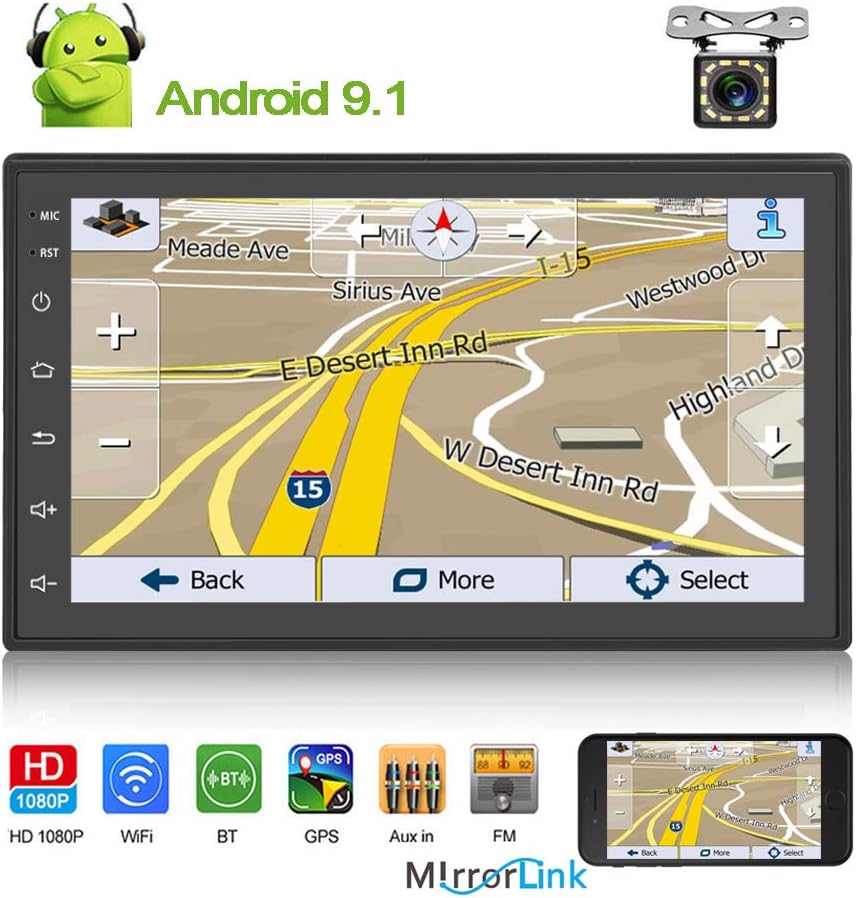 Double Din Android 9.1 Car Stereo Radio 7'' TFT Touch Screen Digital Multimedia Player GPS Navigation in Dash Head Unit Support Bluetooth WiFi USB FM Radio Receiver +Backup Camera