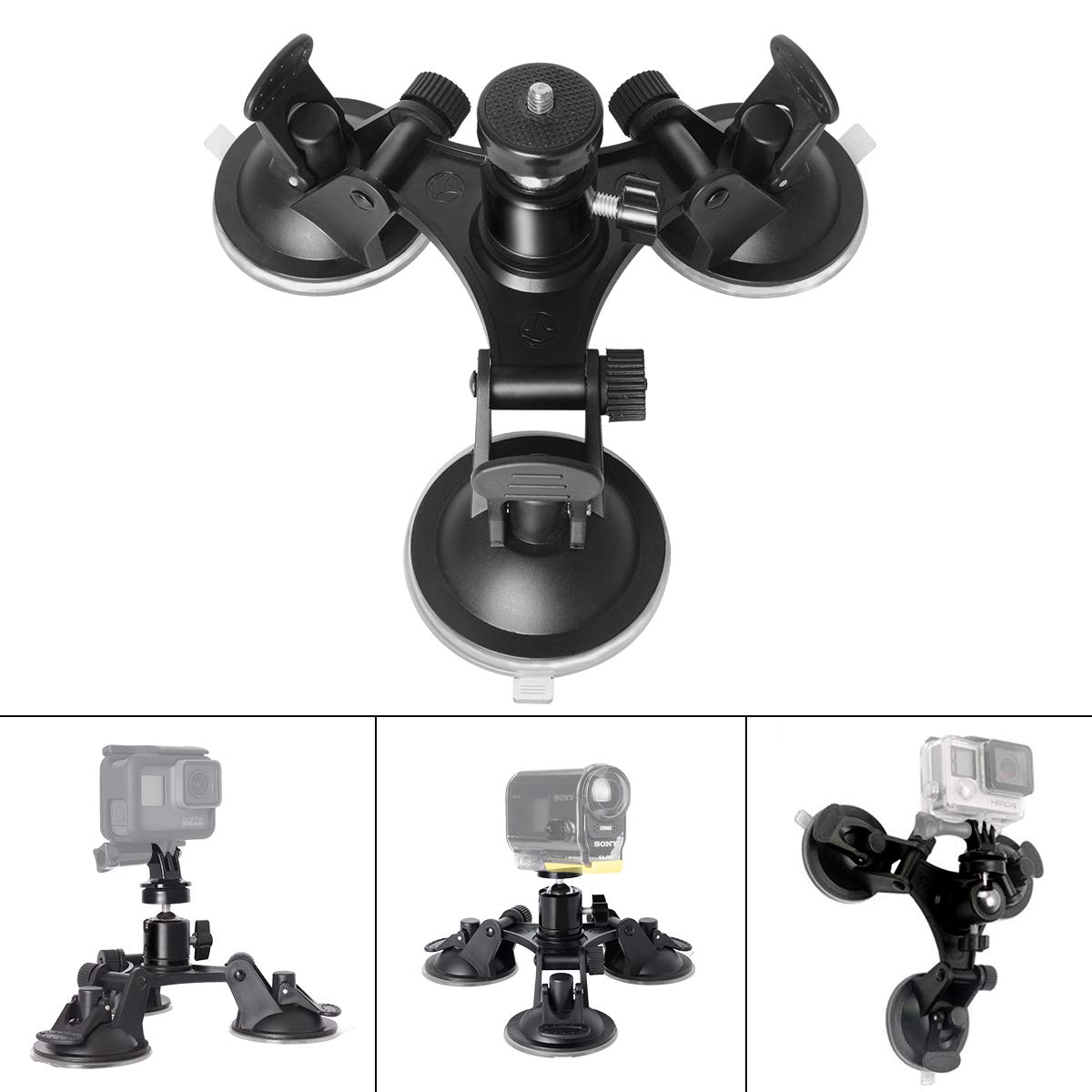 Triple Cup DSLR Camera Suction Mount w/Ball Head Compatible with Nikon Canon Sony DSLR/Camcorder + GoPro Hero 7 6 5/4/3 Sony Garmin Xiaomi Yi SJCAM Suction Cup Mount Car Mount Holder Window Mount