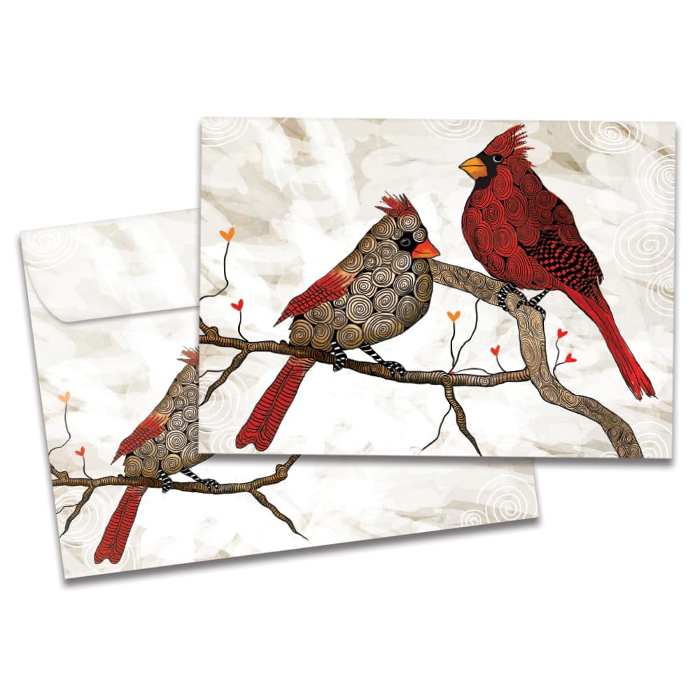 Tree-Free Greetings - Season's Greeting Cards - Artful Designs - 10 Cards + Matching Envelopes - Made in USA - 100% Recycled Paper - 5"x7" - Cardinals Flitting (HB93541)