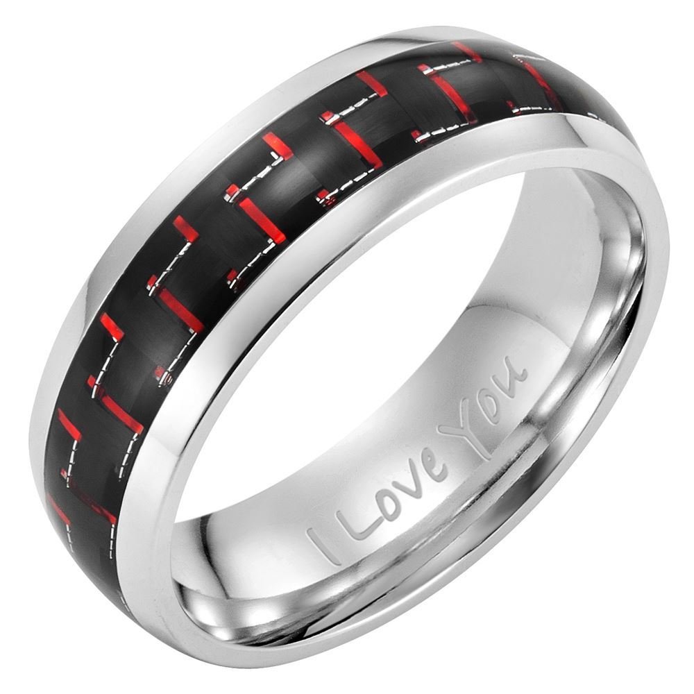 Willis Judd Mens 7mm High Polished Titanium Ring with Red Carbon Fibre Engraved I Love You Gift Boxed