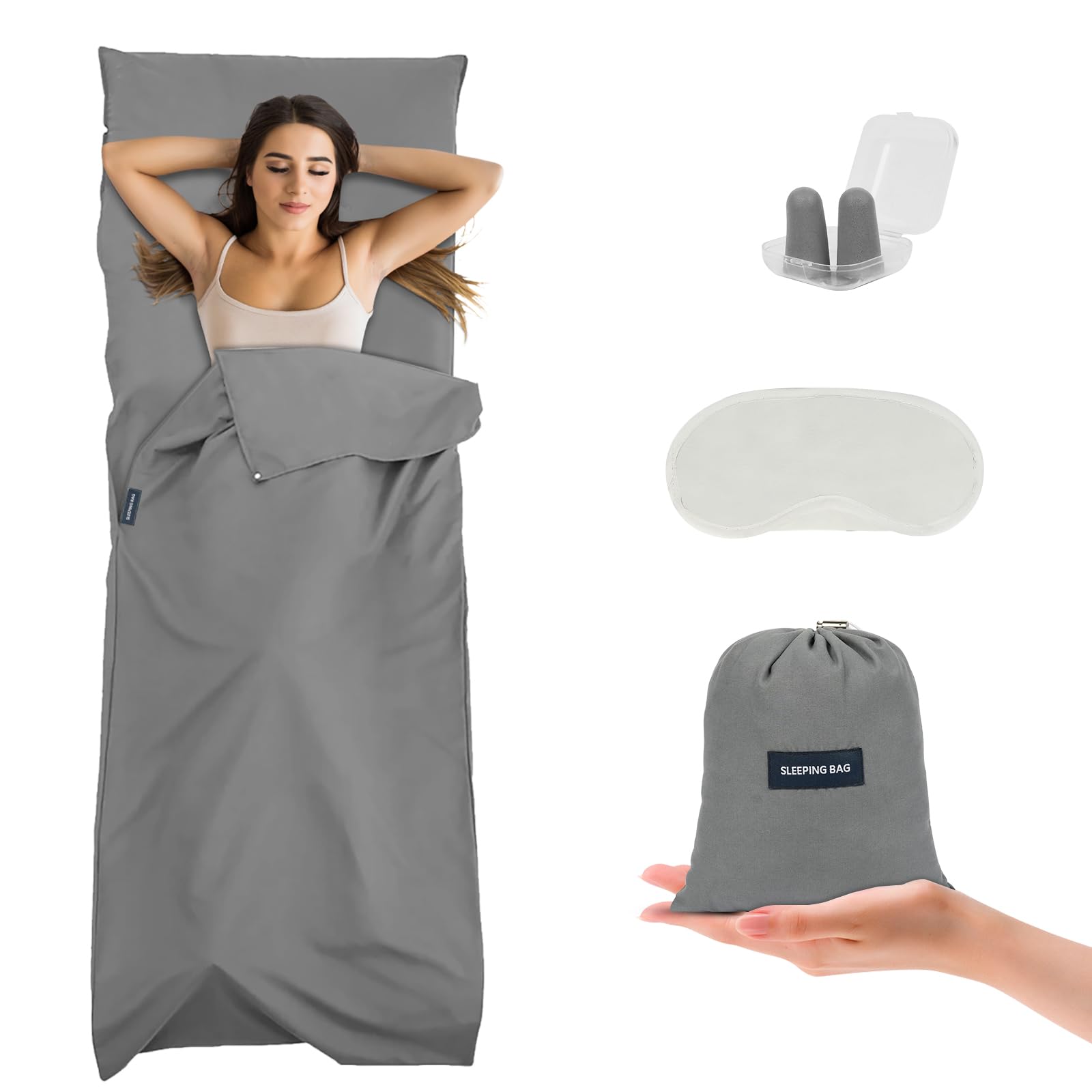 flintronic Sleeping Bag Liner 210 x 75 cm, Portable Camping Sleep Bag with Pillow Slot, Lightweight Travel Sleeping Bag for Camping Picnic Hiking Hostels-4PCS Grey