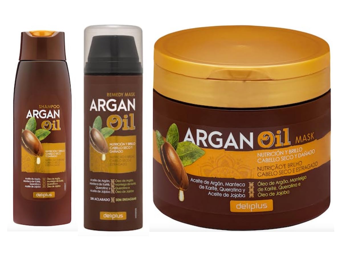 Pack 3 – Argan Oil Line – Shampoo 400 ml + Mask Jar 400 ml + Mask Without Rinse 150 ml – Pack 3. Deliplus