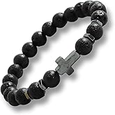 LITRENDY Beaded Stone Cross Stretch Bracelet for Men Women, Catholic Rosary Bracelet Healing Anxiety, Adjustable Elastic Natural Stone Bracelets