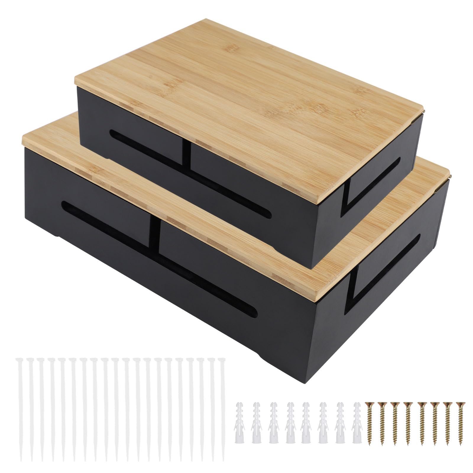 DBREAKS Cable Management Box, Pack of 2 Wooden Cable Box, Cable Organiser Box with Magnetic Bamboo Lid and Cable Ties, Wall Mountable Cable Box, Cable Box for Cable Organiser (Black)