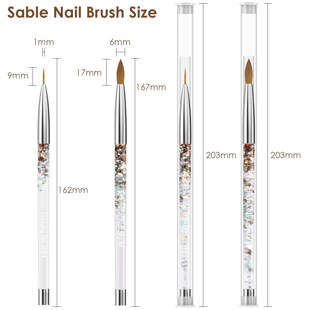 100% Kolinsky Sable Nail Brush, Hermounas Acrylic Nail Art Brush Size 8 Round Oval for Acrylic Powder Manicure Pedicure Application with Special Liquid Glitter Handle : Beauty