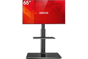 AOKCOS Floor TV Stand with 60-Degree Swivel, TV Floor Stand for 32-65 inch TVs up to 88lbs with Tilt, 8 Level Height Adjustable Tall TV Mount Stand with Shelf, Tempered Glass Base, MAX VESA 400x400mm