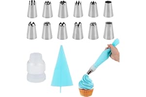 12pcs Large Piping Tips Set with Adapter & Pastry Bag, Stainless Steel Reusable Piping Nozzles Kit with Multiple Shape Cake D