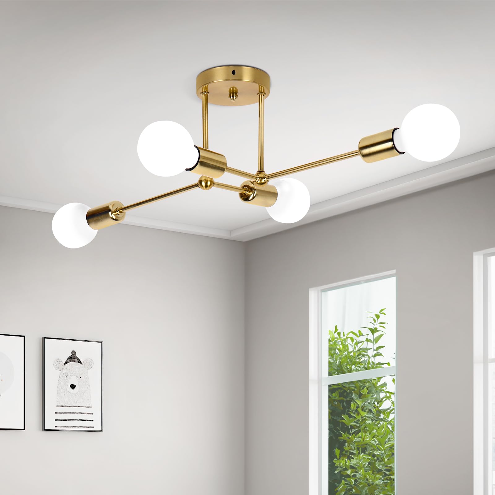 ALLOMN Sputnik Ceiling Light, Vintage Gold Sputnik Chandelier 4 Lights E27 Mid-Century Semi Flush Mount Ceiling Lamp Industrial Ceiling Fixture for Bedroom Living Room Dining Room Kitchen