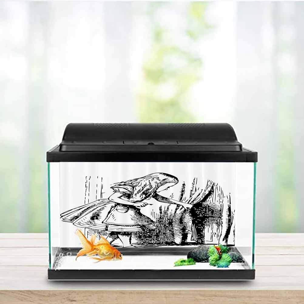 ScottDecor Alice in Wonderland Decorations Aquarium Fish Tank Black and White Alice Looking Through Curtains Hidden Door Adventure PVC Adhesive Black White W36 x L20 Inch