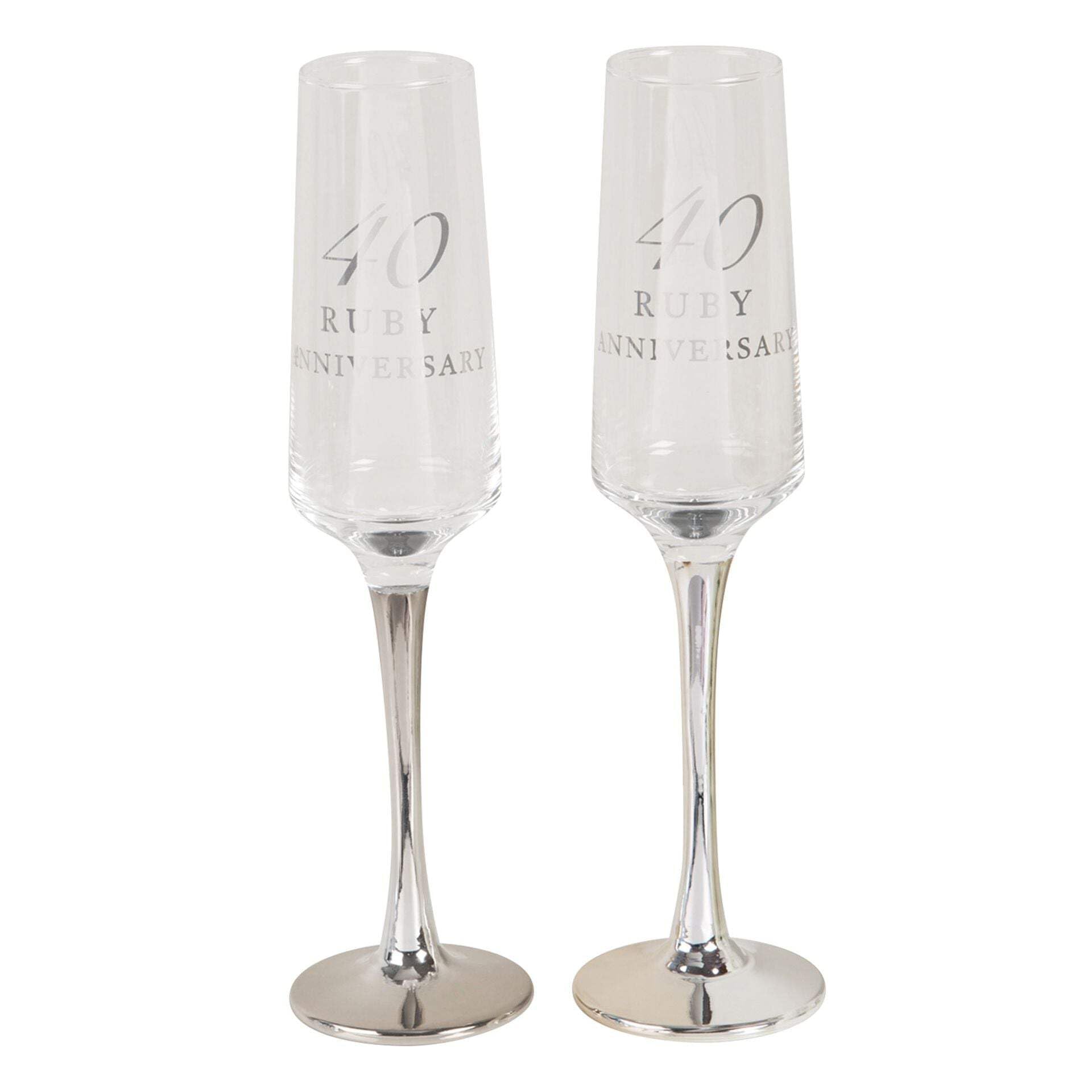 CC Personalised Amore Set of 2 Ruby 40th Wedding Anniversary Straight Champagne Flutes with silver stems - Add Your Own Message (Not Personalised)
