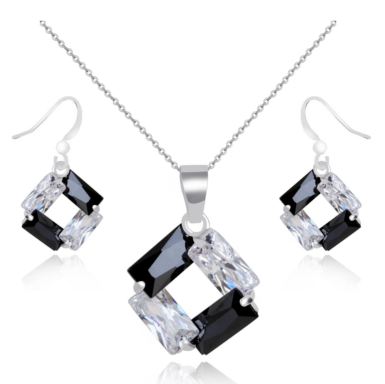 Crystalline Azuria Women 18ct White Gold Plated Black and White Zirconia Crystals Rhombus Set Pendant Necklace 17.7 inches Dangle Earrings