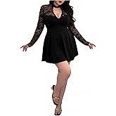 winkbay Women's Plus Size Lace Mini Dress Mandarin Collar Long Sleeve A Line Date Night Party Dresses