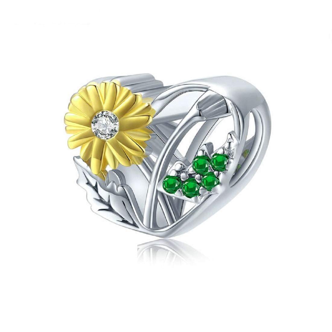 FeatherWish Gold Sunflower Flower Charm 925 Sterling Silver Love Heart Family Bead Charm Fits And Compatible With Pandora Bracelets Gift Birthday Mum Wife Best Friend Daughter