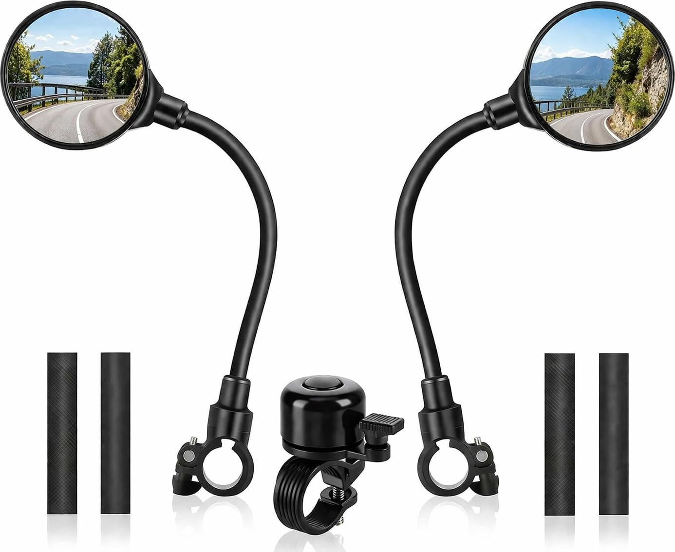 Mordely Bike Mirror & Bell Set, 2 Convex Rear View Mirrors, 360° Adjustable, Shockproof Handlebar Mount for Road Bike, MTB, E-Bike and Scooter, Universal Fit