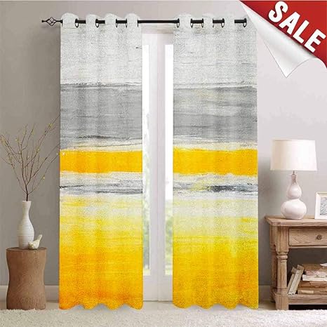 Amazon Flyerer イエロー カスタマイズカーテン 水彩スタイル バイカラー 抽象アートデザイン ブラシストローク効果 窓用カーテン ペールグリーン アースイエロー W72 X L108 Inch ラグ カーテン ファブリック オンライン通販