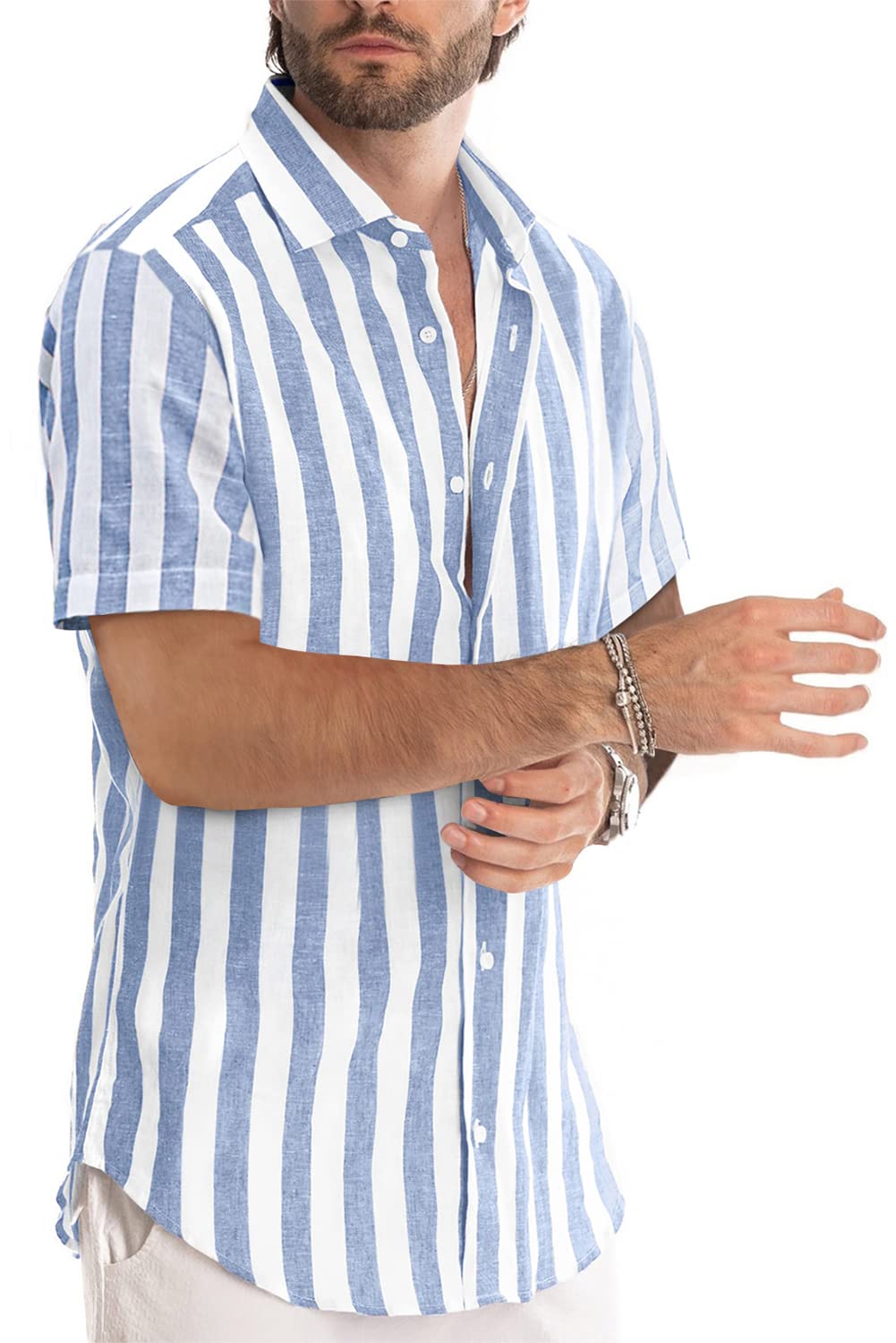 JMIERR Men's Casual Stylish Short Sleeve Button-Up Striped Dress Shirts Cotton Beach Shirt