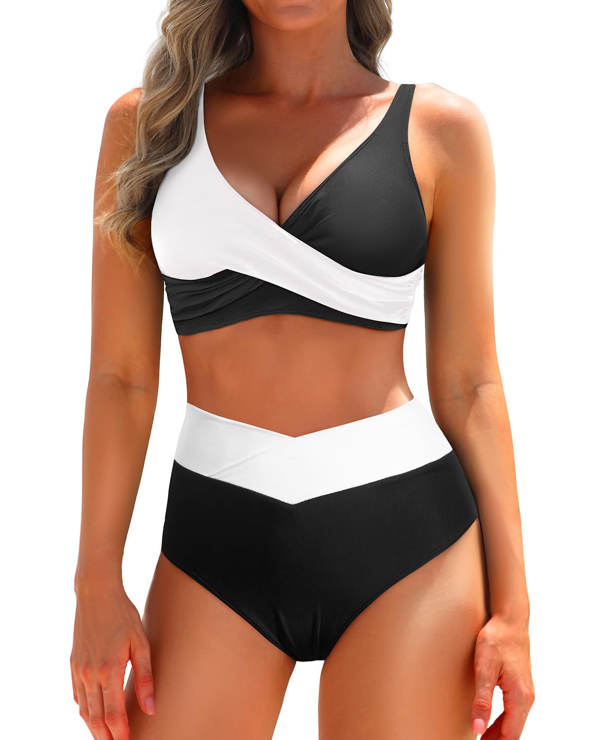 Photo 1 of Aqua Eve Women High Waisted Bikini Twist Front Swimsuits Lace up Bikini Tops Ruched Push up 2 Piece Bathing Suits Black and White Splicing Medium