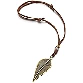 COOLSTEELANDBEYOND Feather Pendant, Leather Cord Necklace for Men Women, Adjustable Brown Leather Cord, Boho Tribal