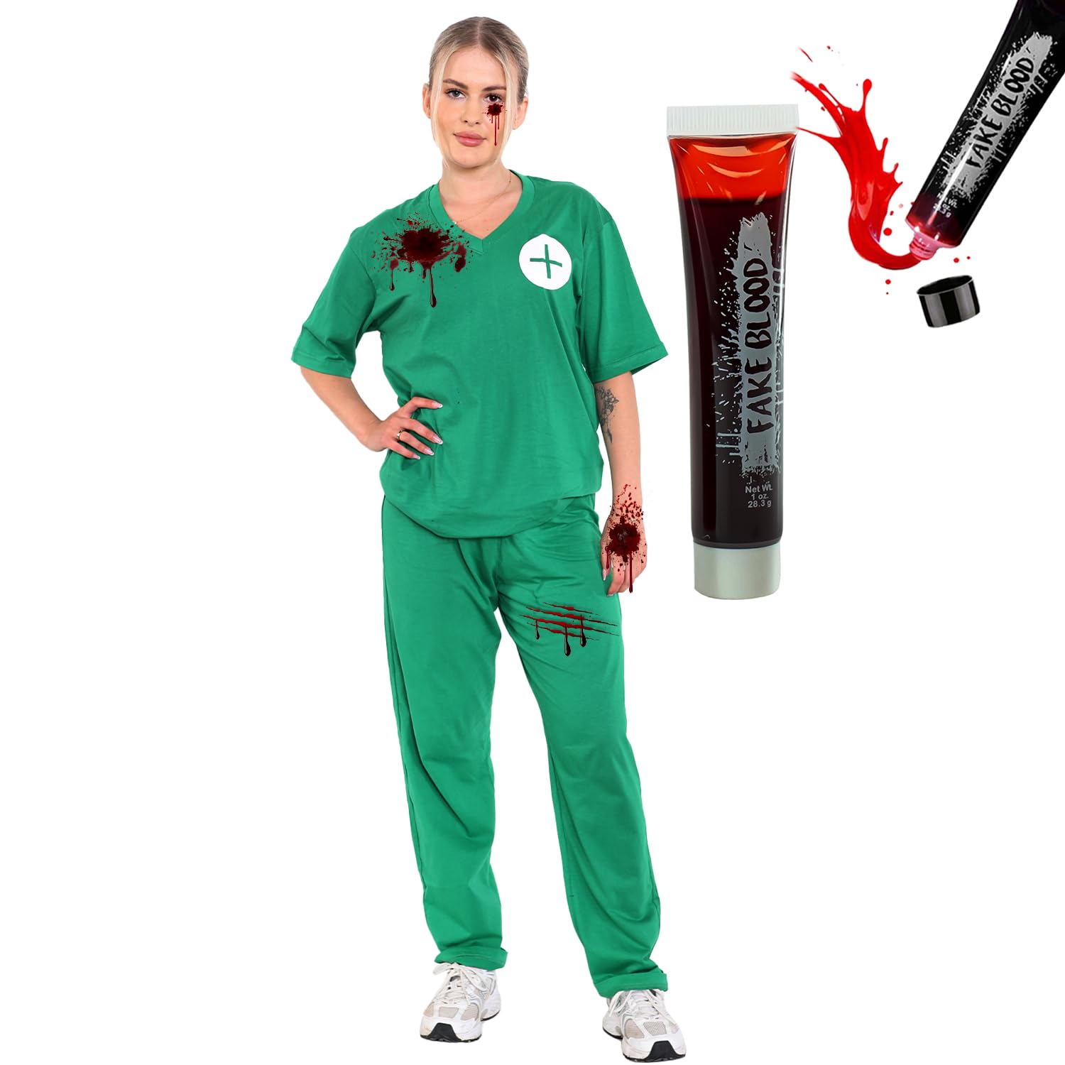 The Fancy Dress Unisex Womens Surgeon Costume With Fake Blood Tube - Doctor's Scrubs Fancy Dress Costume Halloween Outfit For Men's Women's One Size