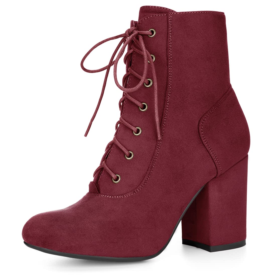 Photo 1 of Allegra K Women Round Toe Chunky High Heel Lace Up Burgundy Booties 10 M US
