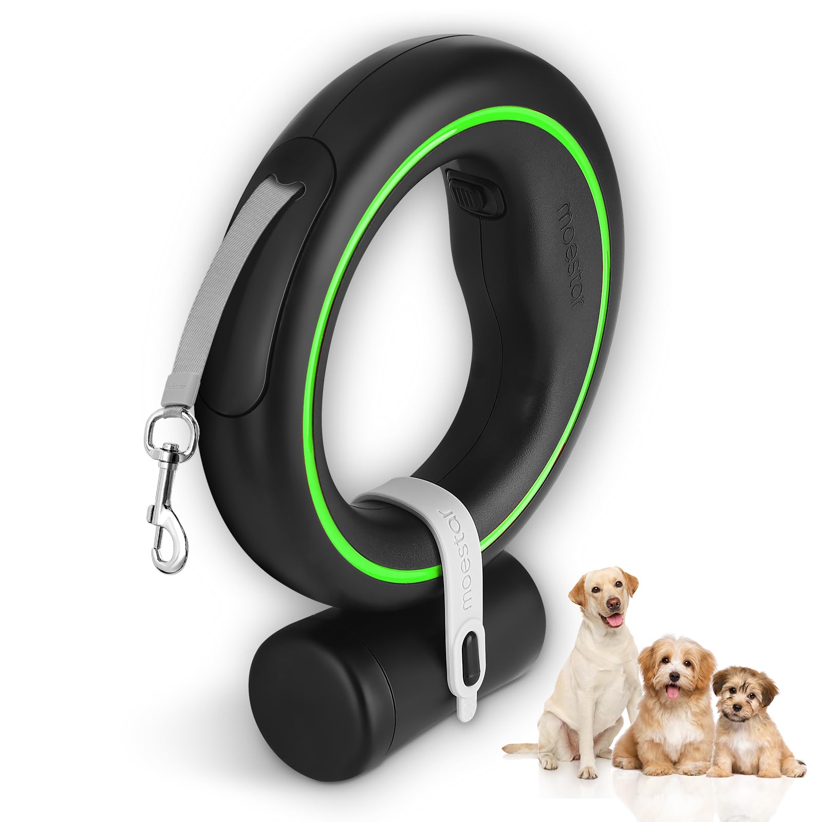 moestar UFO Retractable Dog Lead 360° Tangle Hands Free Extendable Dog Lead with Poop Bag Holder 3m/10ft Retractable Puppy Lead Dog Leash for Medium Small Dogs Up to 66lbs (Black/Green)