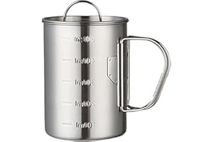 Camping Cup Pot, Stainless Steel Camping Mugs Outdoors Cup with Foldable Handle and Lid Scale for Outdoor Camping Hiking Back
