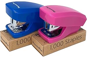 Aria Premium Mini Stapler Set by PraxxisPro - with Built-in Staple Removers, 2000 Standard Staples Included - for Office, School, and Travel, Set of 2, Blue & Pink