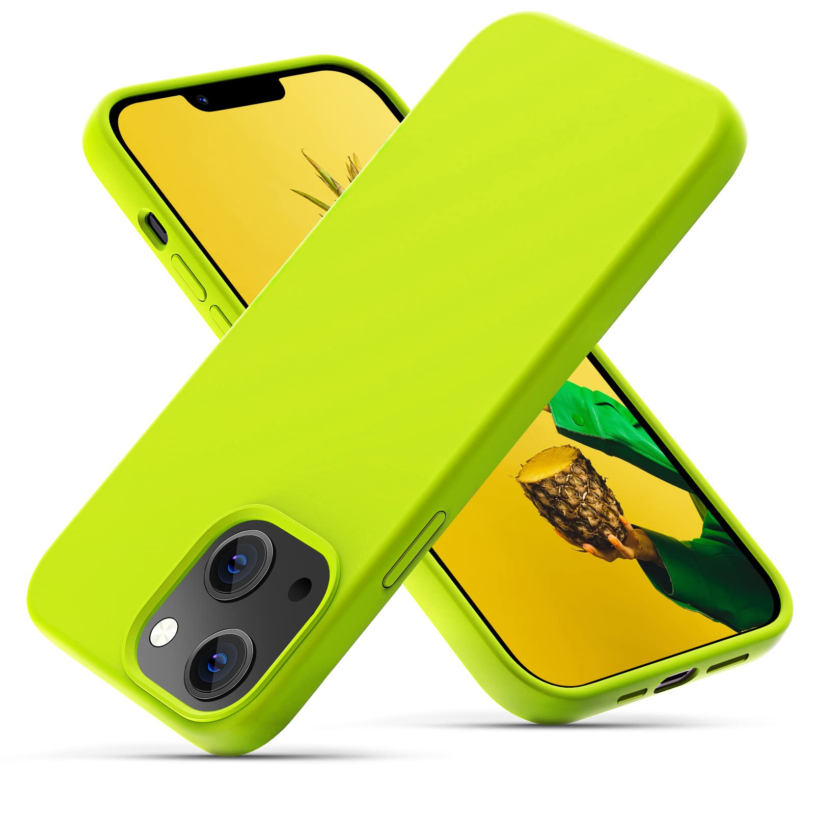 OIIAEE Silicone Case Designed for iPhone 13 Case, Ultra Slim Shockproof Protective Liquid Silicone Phone Case with Soft Anti-Scratch Microfiber Lining, 6.1 inch.Fluorescent Yellow