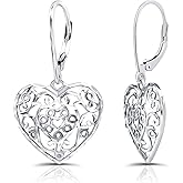Hoops & Loops 925 Sterling Silver Filigree Heart Dangle Leverback Earrings for Women, Silver, Yellow & Rose Gold