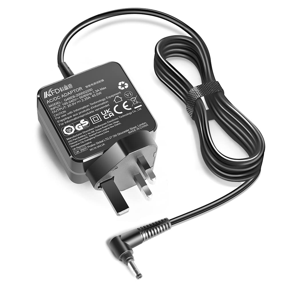 Lenovo IdeaPad Laptop Charger, KFD 20V 2.25A 45W UK Mains Power Cable for IdeaPad S130 S340 S540 S740 S145 1i 3 5 Flex 5i V145 V155 V15 Yoga 310 510 520 530 AC Adapter, 6.5 Feet