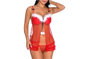 Christmas Lace Lingerie Dress for Women Sling Front Closure Babydoll Nightwear Sexy V Neck See Through Chemise Nighties