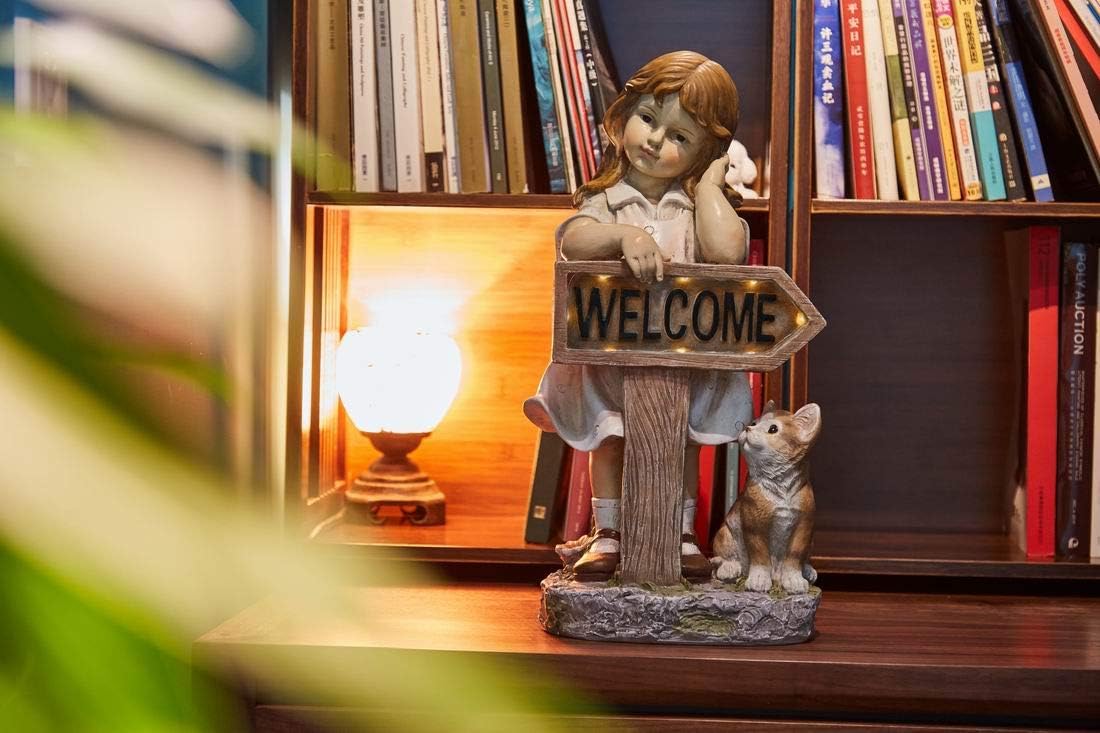 Outdoor Girl Garden Statue with Solar LED Lights, Children with Cat Statue Welcome Sign Garden Statues for Home Decor, Great for Porch, Patio, Yard Art Decorations, Cat Memorial Statues, Polyresin: Home Improvement
