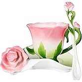 Dandat Ceramic Rose Tea Cups and Saucers with Spoon Rose Flower Shaped Cup and Sauce Set Cute Tea Cups Flower Mug Valentine Birthday Christmas Gifts for Home Office Kitchen, 6 oz(Pink)