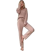 WDIRARA Women's 2 Piece Pajama Waffle Knit Lounge Set Long Pants Sleepwear