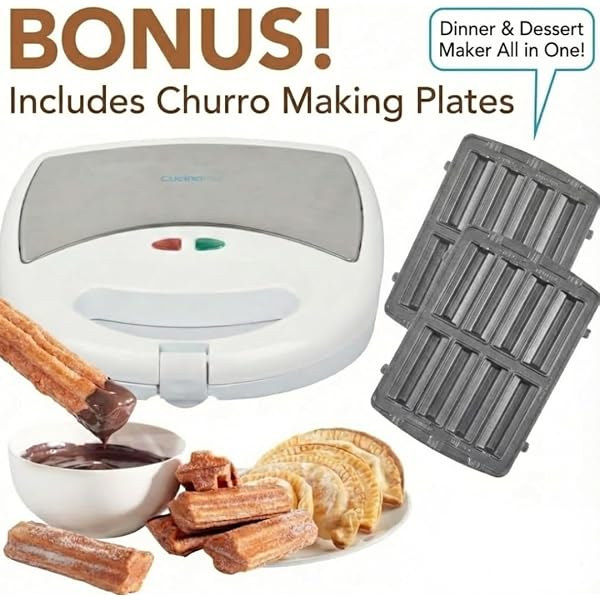 ELECTRIC EMPANADA MAKER MACHINE W DOUGH CUTTER & NONSTICK PLATES- EASIER THAN PRESS & MOLDS- HOMEMADE LATIN TURNOVERS, HAND PIES, DUMPLINGS, STUFFED PASTRIES W BONUS CHURRO PLATES, MAKE DESSERT & APPS