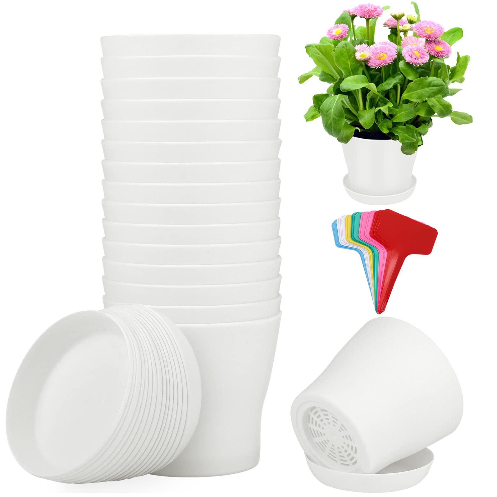 ADXCO 16 Pack 4 Inch Plastic Planters Assorted Flower Plant Pots Seedling Nursery Pots with Tray, Outdoor Indoor Plants for Seedling, Transplanting, Cutting, White