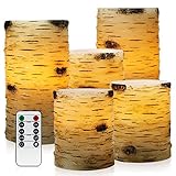 Pandaing Set of 5 Pillar Birch Bark Effect Flameless LED Candles with 10-key Remote Control and 2 4 6 or 8 Hours Timer Function