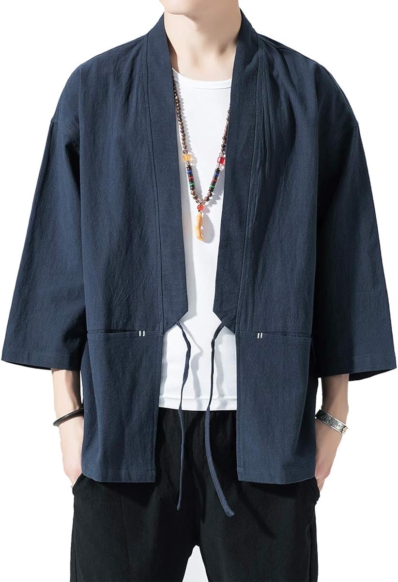 PRIJOUHE Men's Kimono Jackets Cardigan Lightweight Casual Cotton Blends Linen Seven Sleeves Open Front Coat Outwear at  Men’s Clothing store