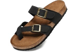 Yozuru Womens Cork Footbed Sandals Comfort Open Toe Slides Adjustable Buckle Beach Summer Flat Sandals with Arch Support