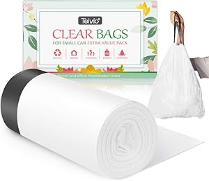 1.2 Gallon/55pcs Strong Drawstring Trash Bags Garbage Bags by Teivio, Bathroom Trash Can Bin Liners, Small Plastic Bags for home office kitchen, Code a fit 5-6 Liter, 0.8-1.6 and 1-1.5 Gal