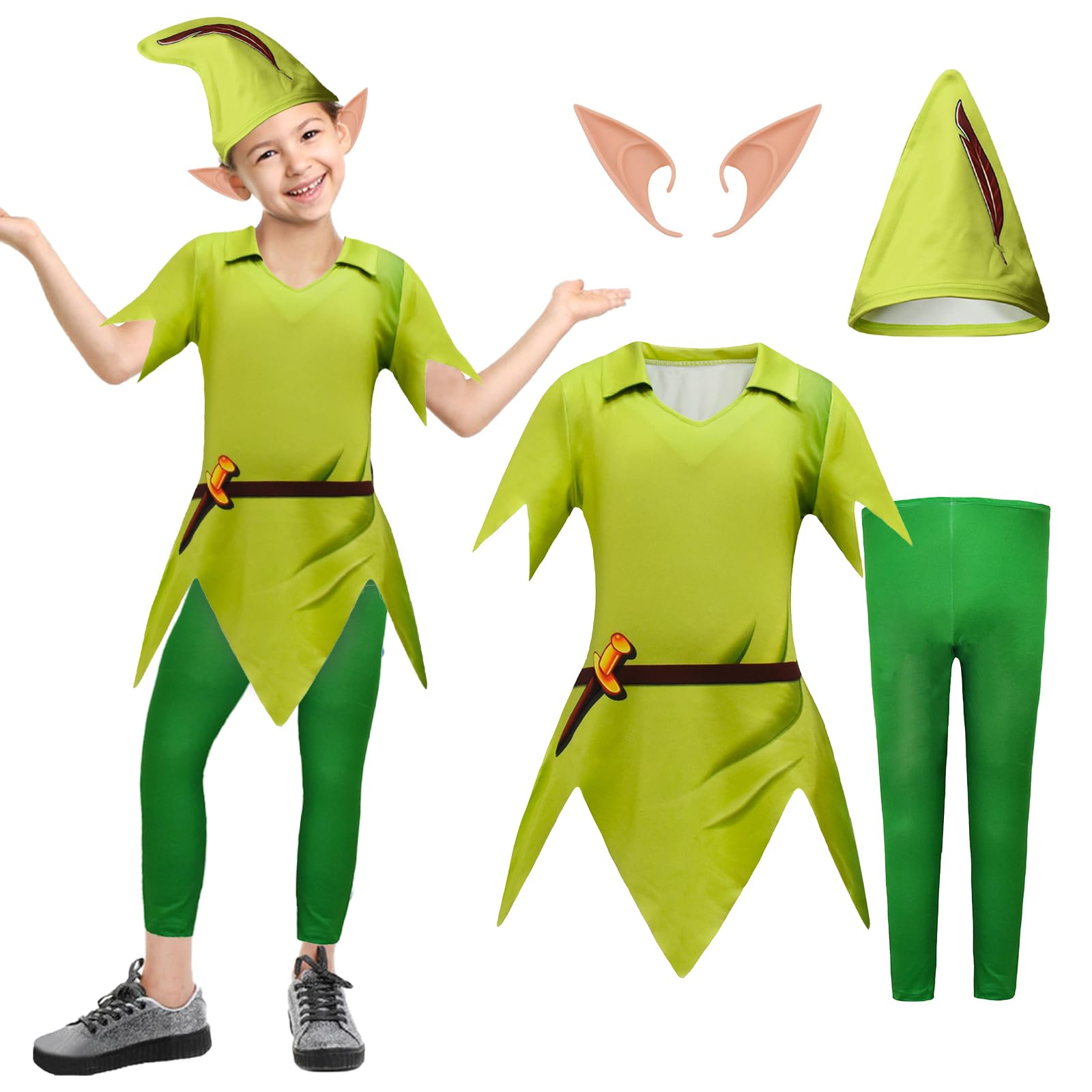 Dazzroi 4PCS Peter_Pan Costumes Set, Classic Character's Dress Up Costumes Set with Tunic Top, Trousers, Elf Ears, Hat, Fancy Dress Costume for World Book Day Halloween Cosplay Dress Up Day