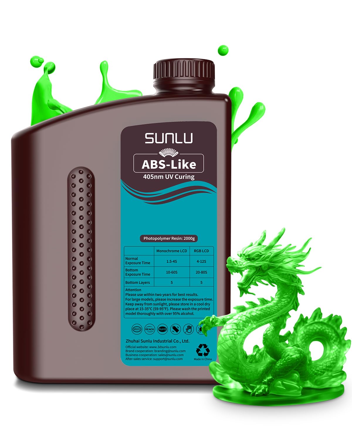 SUNLU 2000G ABS Like Resin for 3D Printer, 405nm UV Curing Photopolymer Rapid 3D Resin for 2K 4K 6K 8K LCD/DLP/SLA 3D Printers, Non-Brittle & High Precision & Low Shrinkage, 2KG, Clear Green Image