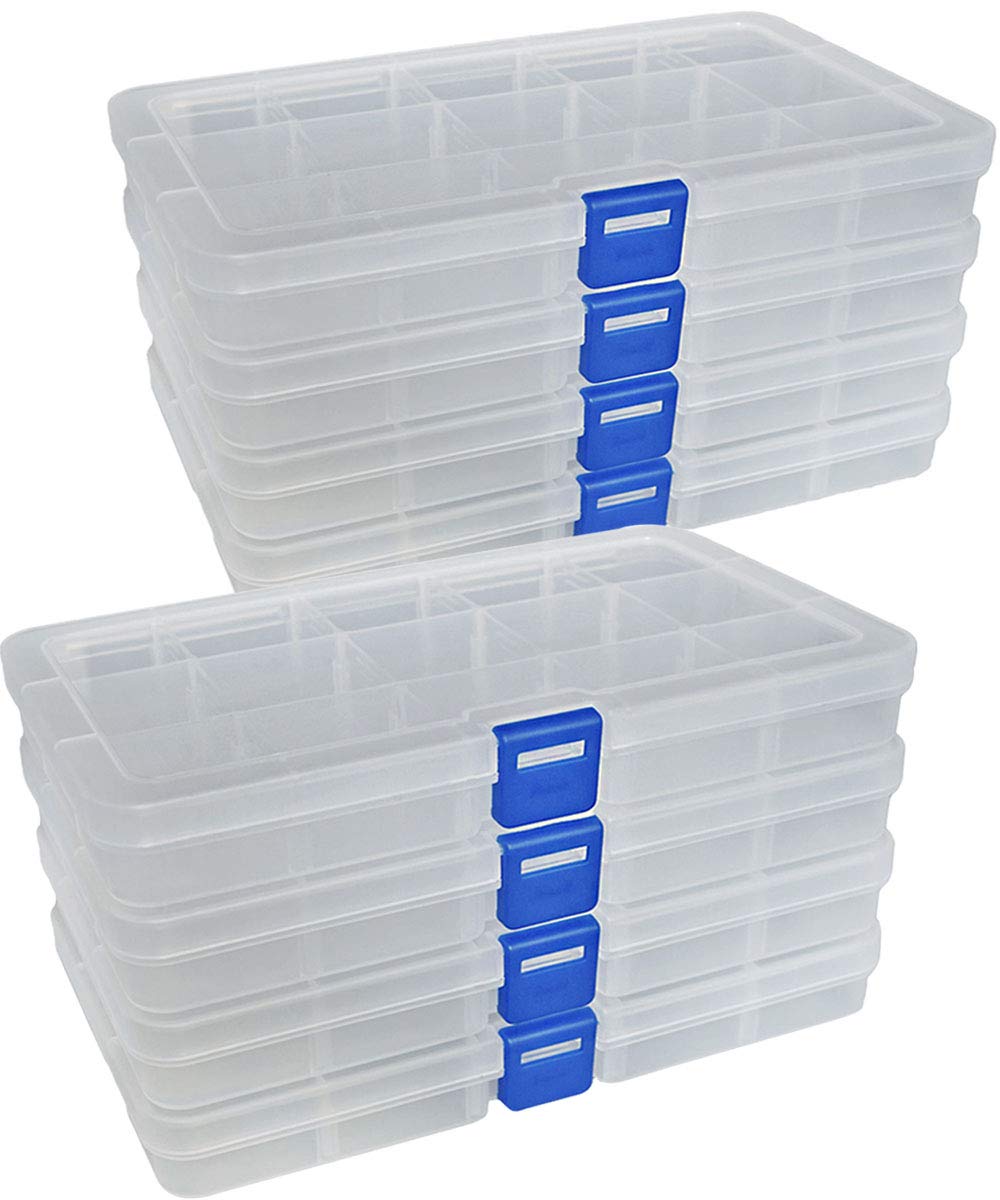 Qualsen Clear Organiser Storage Box, Small Storage Box with Lid, Fishing Tackle Boxs Stackable Plastic Container with Adjustable Dividers for Beads, Crafts, Art DIY, Jewelry (15 Grids White, 8 Pcs)