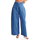 PLNOTME Womens Baggy High Waisted Jeans Loose Boyfriend Wide Leg Side Pleated Denim Pants